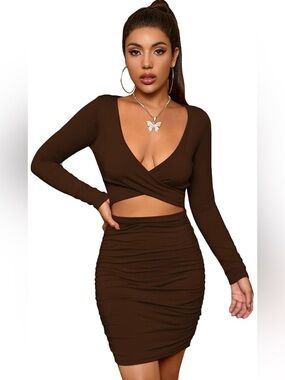 Brown Long Sleeve Cutout Mini Dress